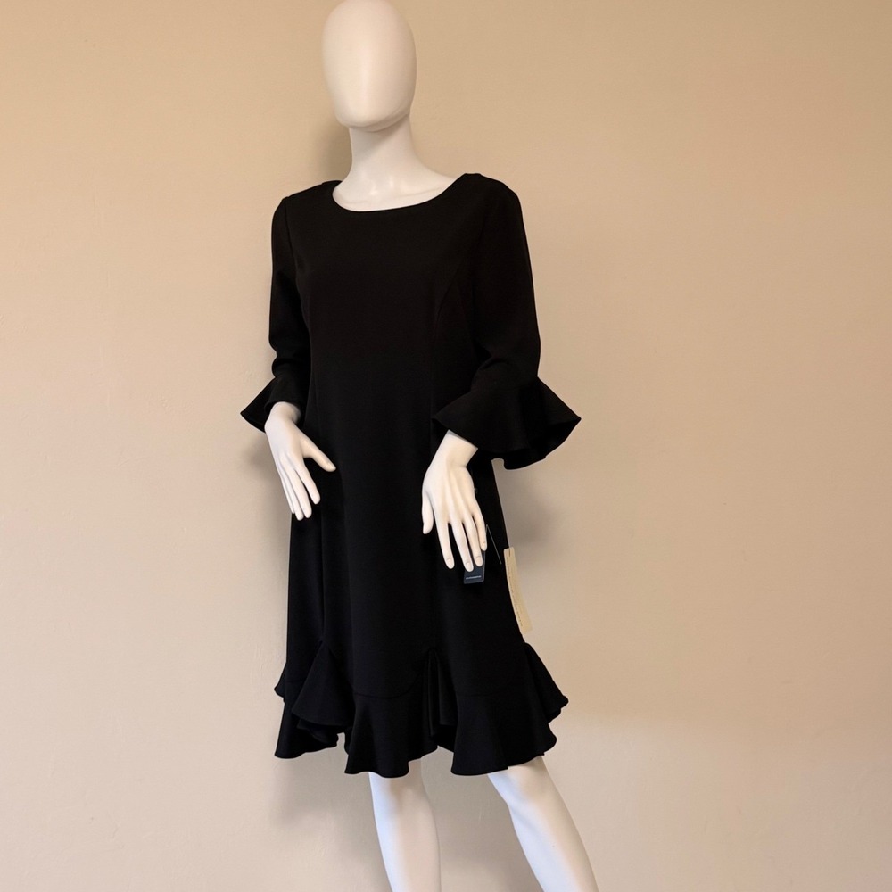 NWT Adrianna Papell Black Ruffle Sleeve and Hem Shift Dress Size 8